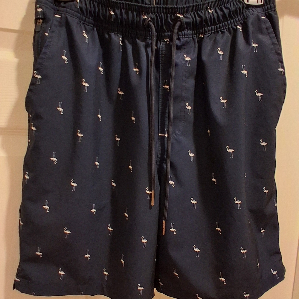 Navy With White Flamingo Men's Small Swim Shorts, No Rips Tears Or Holes.